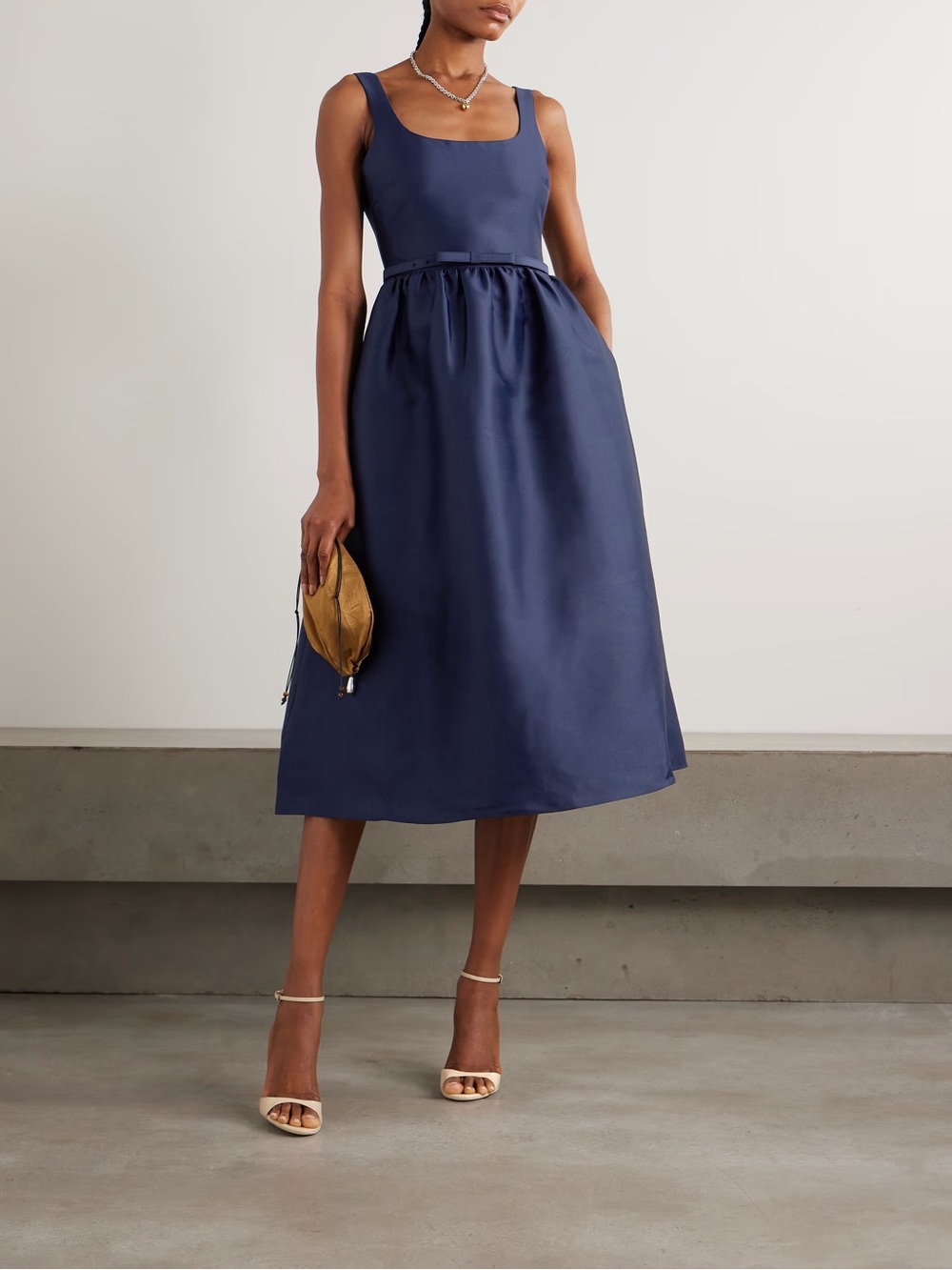 NWOT Self-Portrait Navy Gathered Satin Midi Dress, Size US 4